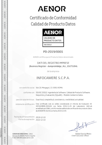 Certificado Calidad de Datos Infocamere